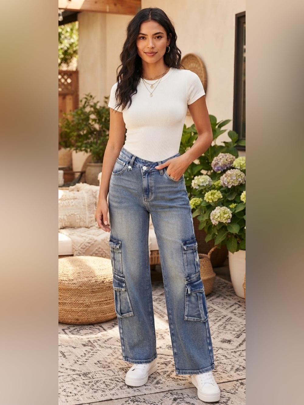 NWT 1030 Tenthirty Mid Rise Wide Leg Cargo Jeans Size 3 / 26 Blue Denim Y2K